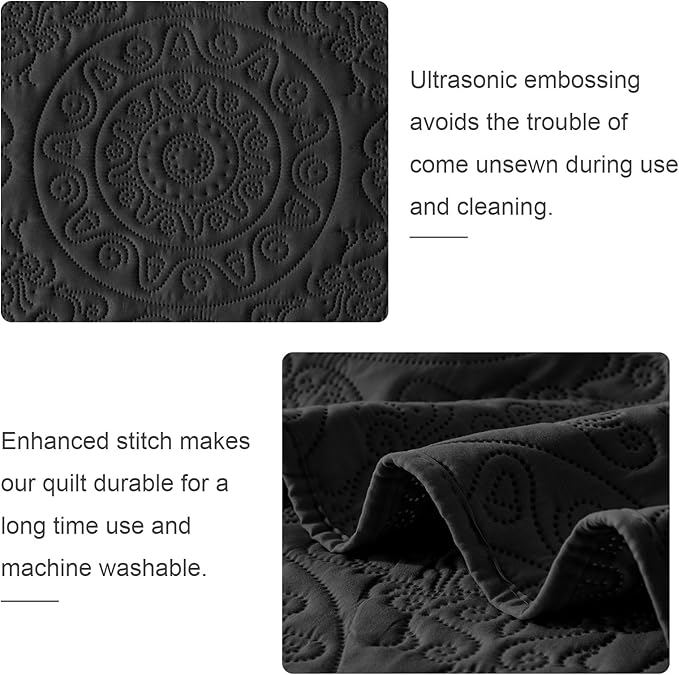 WURUIBO Black Quilt Set Twin Size, Embossing Microfiber Bedspreads with Pillow Sham, Ligthweight Breathable Thin Coverlet, Reversible Bedding Set for All Season (1 Quilt, 1 Pillow Sham)
