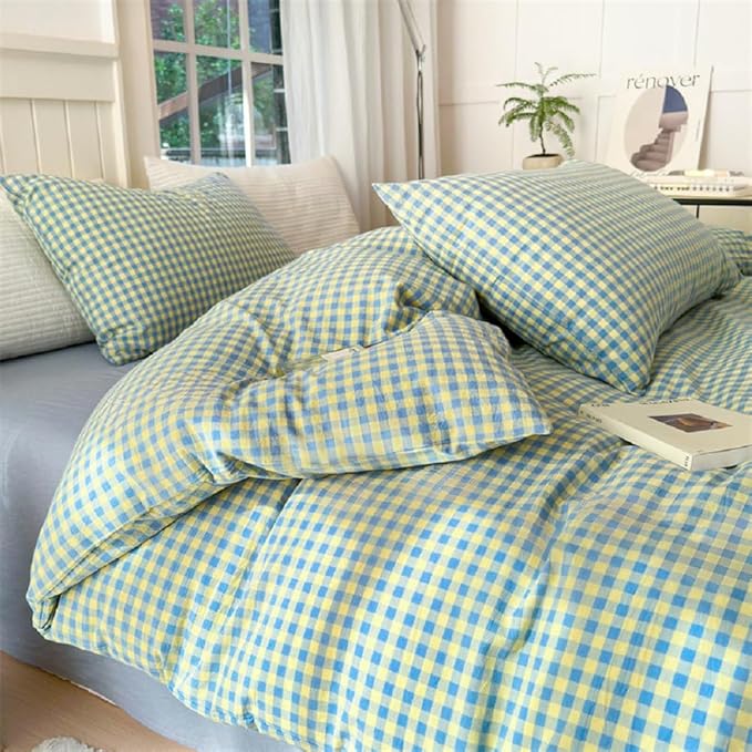 Plaid Duvet Cover Set Queen Blue Yellow Gingham Duvet Cover 100% Washed Cotton Reversible Plaid Bedding Multicolor Buffalo Grid Comforter Cover with 2 Pillowcases Luxury Soft Gingham Bedding Set