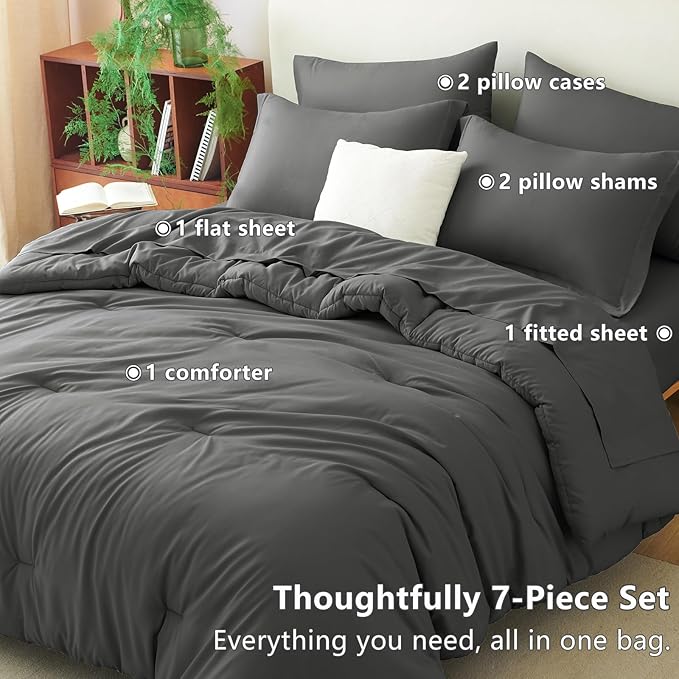 CozyLux Oversized Queen Comforter Set Dark Grey, 7 Pieces Bed in a Bag Comforter Set with Sheets, Soft Bedding Sets with Down Alternative Comforter, Fitted Sheet, Flat Sheet, Pillowcases and Shams