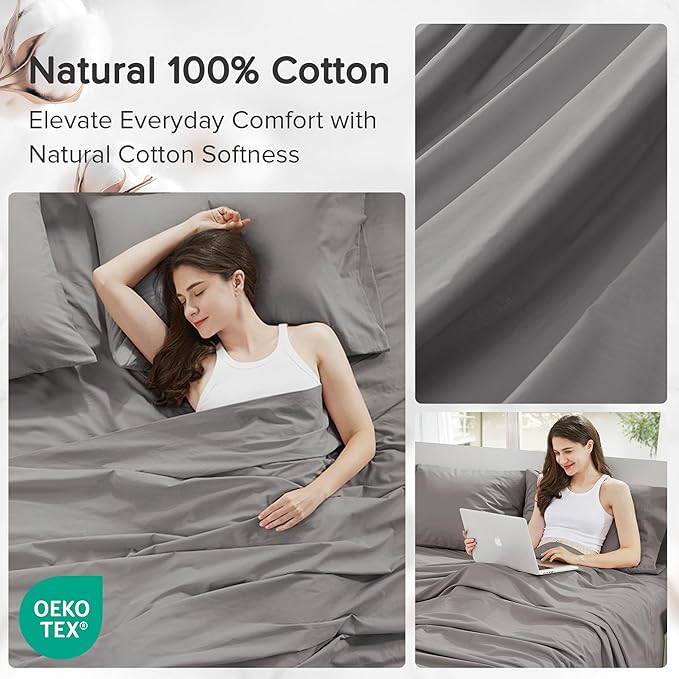 Comfort Spaces 100% Cotton Sheets Twin XL, Breathable, Soft Cotton Sheets, Naturally Cool Cotton Bed Sheets with 12" Elastic Pocket Fits up to 14" Mattress, All Season Sheet Set, Dark Gray 3 Piece
