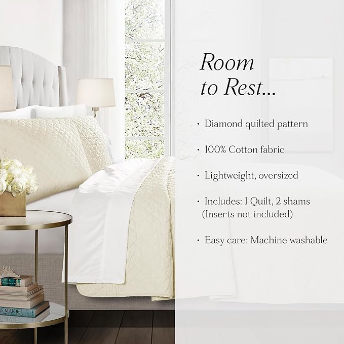 Lush Decor Ava Quilt Diamond Pattern Solid 3 Piece Oversized Bedding Blanket Bedspread Set - Full/Queen - Ivory