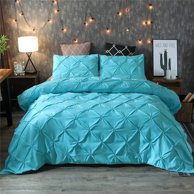 Feelyou Queen Duvet Cover Set Pinch Pleated Bedding Sets Aqua Blue Microfiber Polyester Pintuck Tufted Comforter Cover with 2 Pillow Shams Luxury Solid Geometric, 3 Pieces