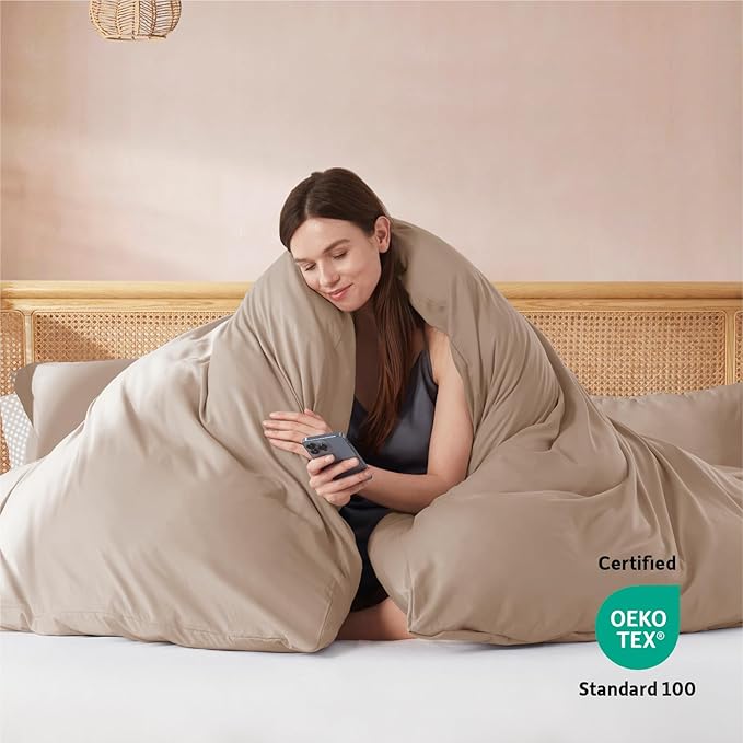 Nestl Full Duvet Cover Set with Comforter Insert - Khaki 4 Piece 80x90 Duvet Cover & 2 Pillow Shams with White Quilted Down Alternative Comforter, Ultra Soft, All Season