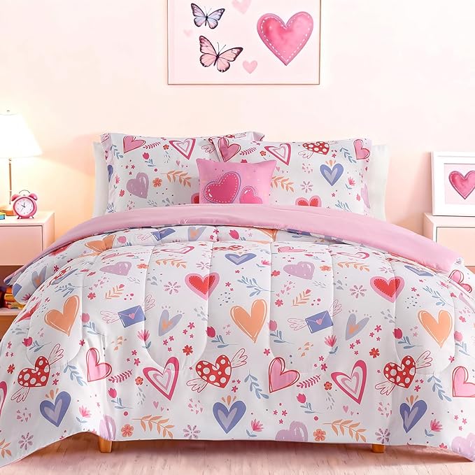 Full Size Comforter Set for Girls - 4 Pieces Heart Love Full Bedding Sets for Kids,1 Comforter, 2 Shams and 1 Decor Pillow
