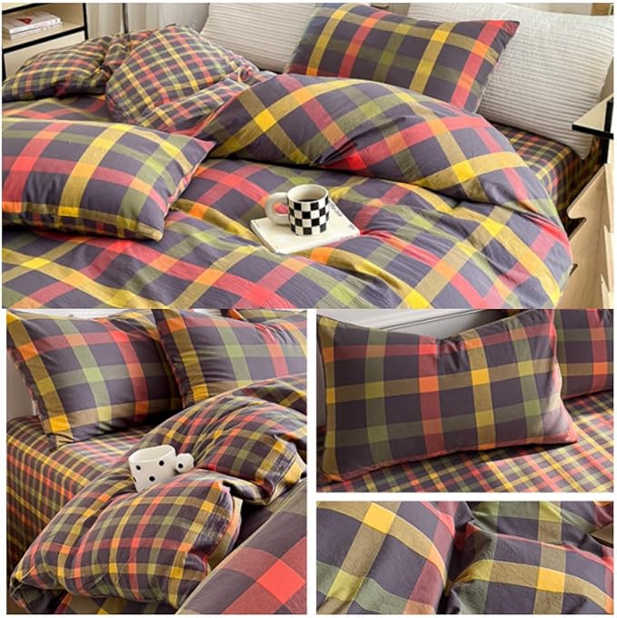 LifeTB Plaid Checkered Comforter Set King 3 Pieces Grid Gingham Bedding Comforter with 2 Pillowcases Farmhouse Lightweight Bedding Fluffy Multicolor Grid Bed Comforter Set King Size for All Season