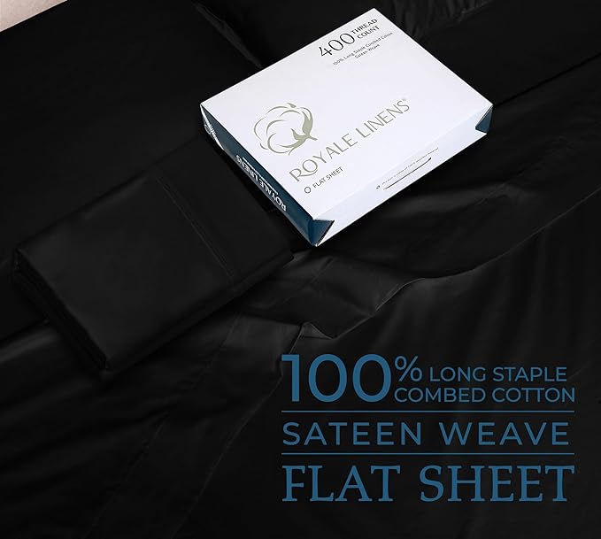 400 Thread Count 100% American Grown Cotton Flat Sheet - Cooling Sheets - Queen Sheets - Luxury Sateen Weave - Queen Flat Sheet Sold Separately - Soft Black Flat Sheet Only (Queen, Night Black)
