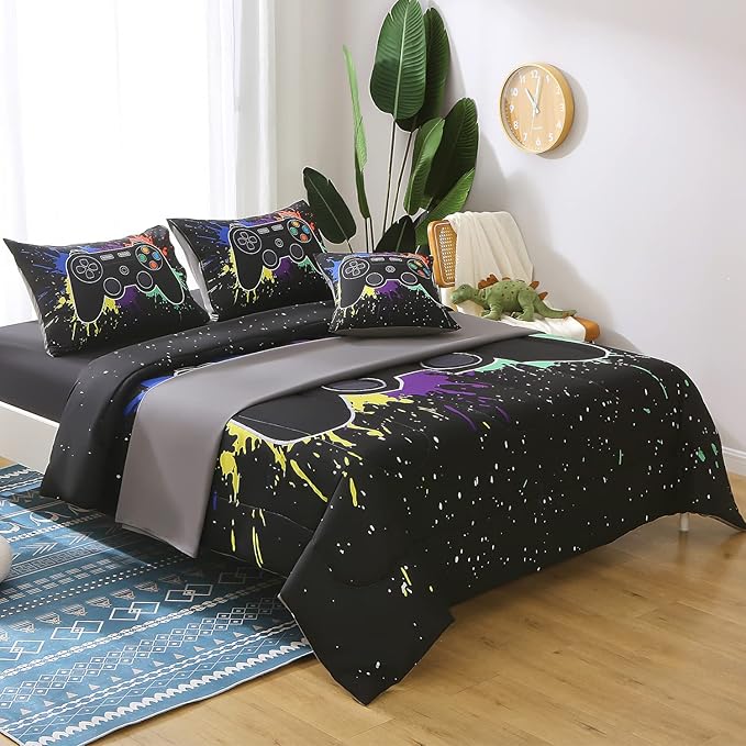 JQinHome Full Gamer Comforter Sets for Boys, 6 Piece Bed in A Bag 3D Video Game Bedding -All Season Soft Microfiber Gamer Bedding Sets, with Pillowcases, Flat Sheet, Fitted Sheet, Cushion Cover