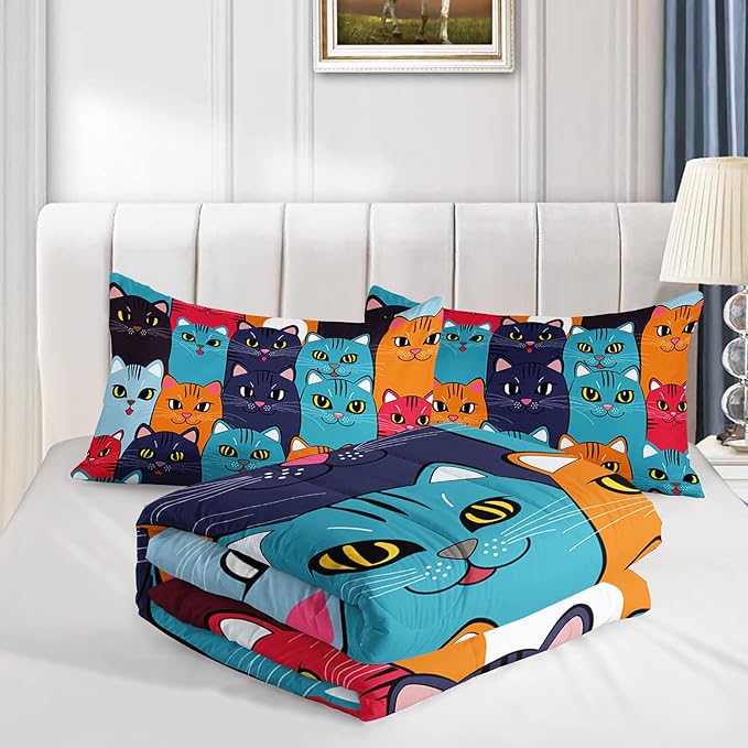 Axolotl Cartoon Cat Comforter Set Kids Bedding Queen Size,Cute Colorful Cat Bedding Set for Kids Boys Girls Adults Teens Room Decor,Kids Comforter Set All Season,1 Comforter 2 Pillow Cases