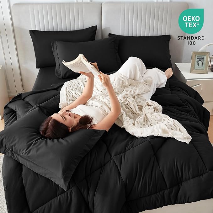 Sasttie Oversized King Comforter Set, 7 Pieces Extra Large Bed in a Bag, Complete Bedding Set Includes 120''x98'' Comforter, Flat Sheet, Fitted Sheet, Pillowcases and Pillow Shams, Black