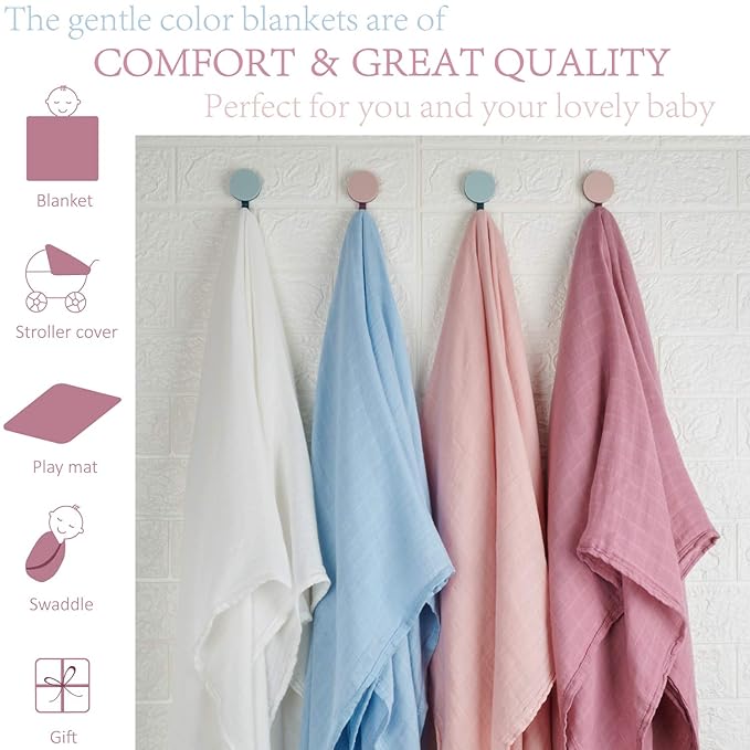 Meracorallo Muslin Swaddle Blanket Silky Soft Receiving Blanket Neutral Swaddle Wrap for Baby Boys and Girls, 47 x 47 inches, Set of 4 Solid Color (White+Blue+Pink+Purple)