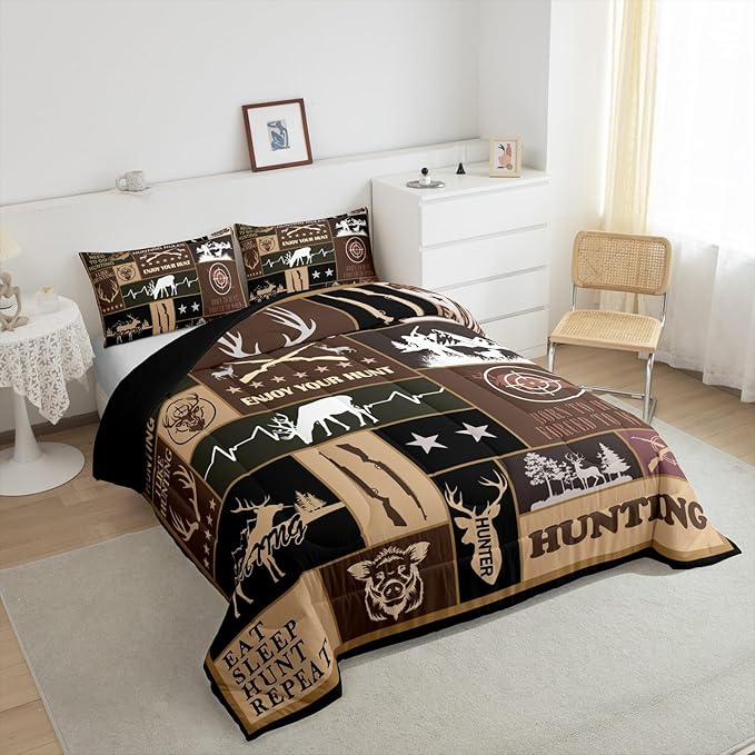 Feelyou Deer Bedding Set Twin Size for Kids Toddler Deer Hunting Comforter Set Boys Girls Hunting Gifts Bedding Set Deer Antlers Duvet Insert Microfiber Bed Set