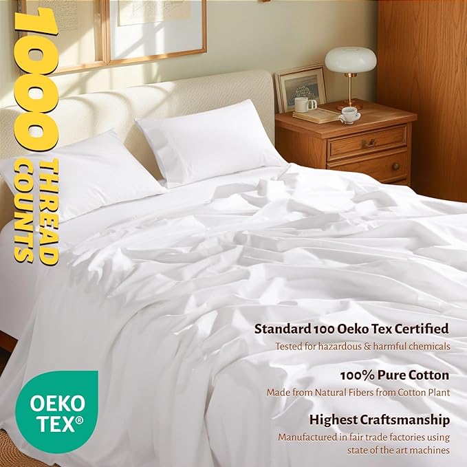 Shilucheng 100% Egyptian Cotton King Size Sheets Set - 1000 Thread Count，Luxury Cotton Bed Sheets，Breathable & Cooling Bedding and Pillow Cases, 16 Inch Deep Pocket - 4 Piece (White, King)