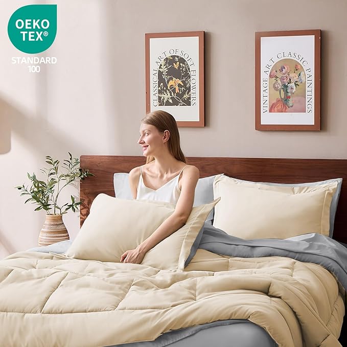FUANNA Queen Comforter Set 7 Pieces, Reversible Bed in a Bag with All Season Soft Comforter, Bedding Sets Includes Comforter, Flat Sheet, Fitted Sheet, Pillowcases & Shams, Beige & Light Grey