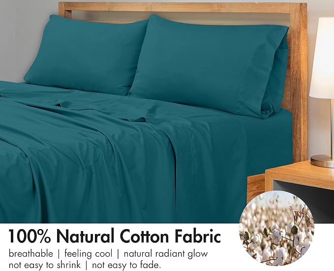 Royale Linens 300 Thread Count 100% Long Staple Combed Cotton Flat Sheet - Super Soft - Top Sheets - Twin Flat Sheet Sold Separately - Breathable, Cool & Crisp Percale Sheets Only (Twin, Teal)