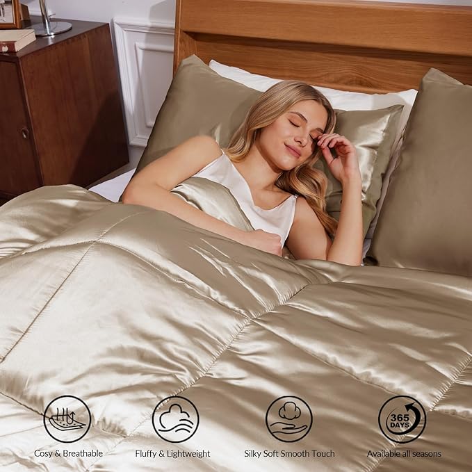 Whale Flotilla 3-Piece Reversible Silky Soft King Size Comforter Bedding Set, Luxurious Satin Comforters Oversized with 2 Satin Pillowcases, Lightweight Duvet for All Seasons, Champagne