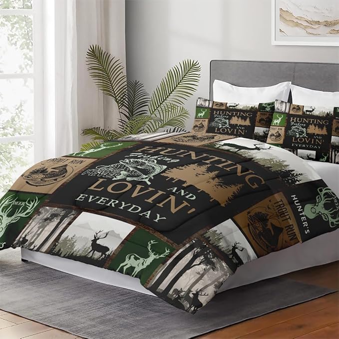 King Size Comforter Set with 2 Pillowcases, Retro Mountains Gray Soft 3 Pcs Bedding for Kids and Adults, Deer Animal Tree Comforter Set for Bedroom Bed Decor