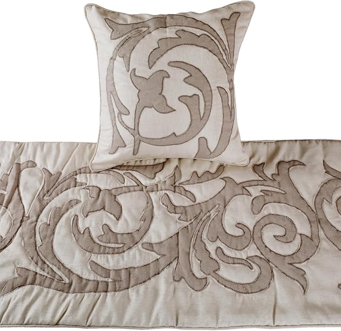 The HomeCentric Designer Ivory & Beige Queen 74 x 18 inch Bed Runner with Pillow Cover Set, Linen Lurex Applique Bed Scarf, Abstract Modern - Pretty Dainty