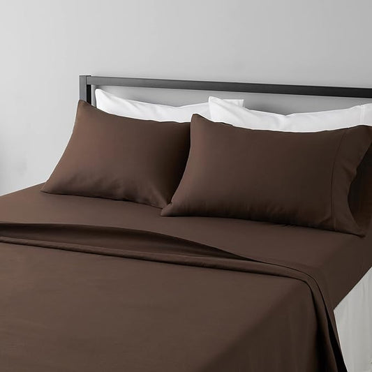 Amazon Basics Lightweight Super Soft Easy Care Microfiber 4 Piece Bed Sheet Set with 14-Inch Deep Pockets, Including Fitted Sheets, Full, Chocolate, Solid