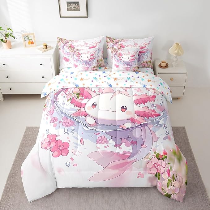 Feelyou Boys Girls Cute Axolotl 7 Pieces Bedding Sets King Size, Ocean Sealife Bed in A Bag Kawaii Comforter Set with Sheets Kids Cartoon Salamander Teens Bed Set Room Decor