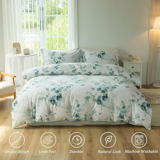 MILDLY Duvet Cover Leaf Pattern- 100% Washed Cotton Eucalyptus Printed Comforter Cover Linen Feel Sage Green Bedding Set with Zipper Closure 4 Ties Twin Size