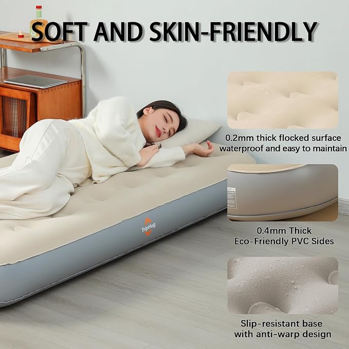 Single Size Air Mattress Inflatable Bed, Air Mattress with Built - in Electric Pump - Fast Inflation, Supports up to 650 lbs - Ideal for Camping, Home, Guests, and Portable Travel Use