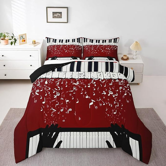 Erosebridal Music Notes Comforter Set for Kids Boys Teens Men Piano Keys Down Comforter Twin Size Rock Musical Bedding Set Play Piano Duvet Sets Music Bedroom Decor with 1 Pillow Case Red Black