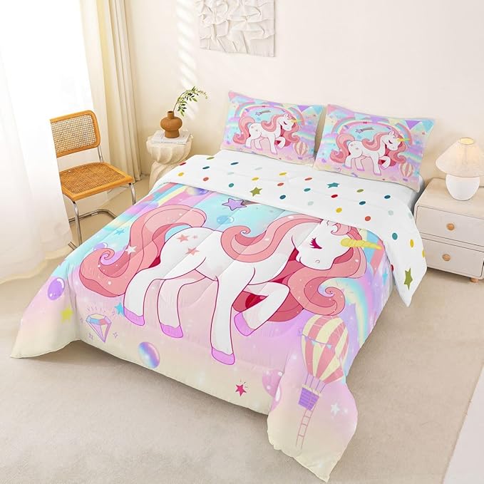 Erosebridal Unicorn Full Bedding Sets for Girls Cute Rainbow Unicorn Comforter Set Bedroom Decor for Girls Kids Horse Duvet Set Ombre Bedding Stars Magical Animal Down Comforter Reverse 3Pcs