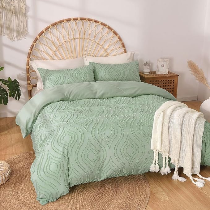 Lekesky Duvet Cover Queen Size, Teal Blue Tufted Queen 3pc Ultra Soft Microfiber Breathable Shabby Chic Bedding Sets with Zipper Ties (No Comforter)