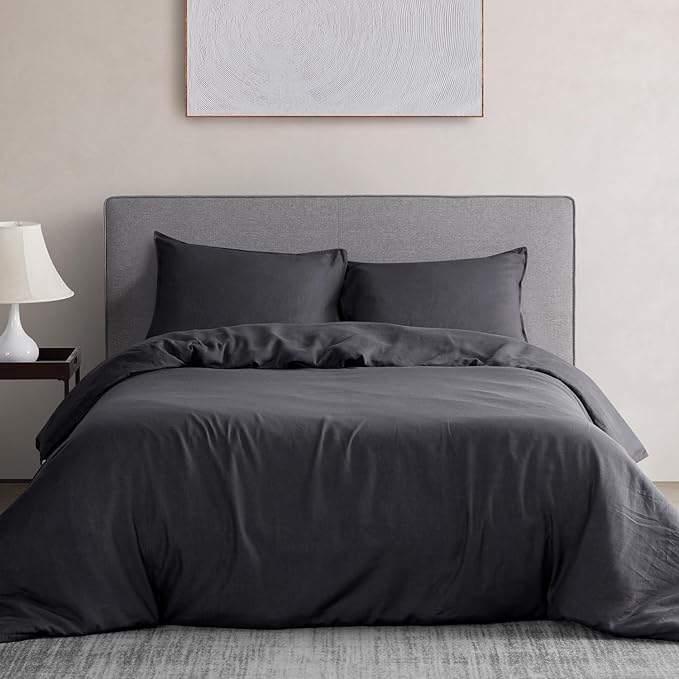 DAPU 100% Linen Duvet Cover, Pure Natural French Flax Linen with 8 Corner Ties&Zipper Closure Soft Breathable Durable for Hot Sleepers 1 Duvet Cover 2 Pillowcases(Dark Gray, California King)