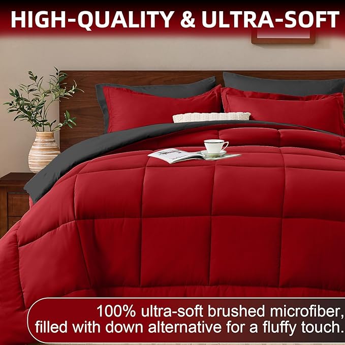FUANNA King Size Comforter Set 7 Pieces, Reversible Bedding Sets with All Season Premium Comforter, Bed in a Bag King Includes Comforter, Flat Sheet, Fitted Sheet, Pillowcases & Shams, Red & Black