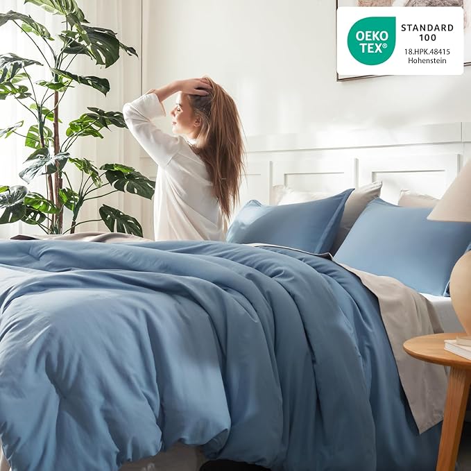 Litanika Comforters Grayish Blue Oversized Queen Size, 3 Pieces Lightweight Solid Bedding Comforter Set, All Season Fluffy Bed Set (98x98In Comforter & 2 Pillowcases)