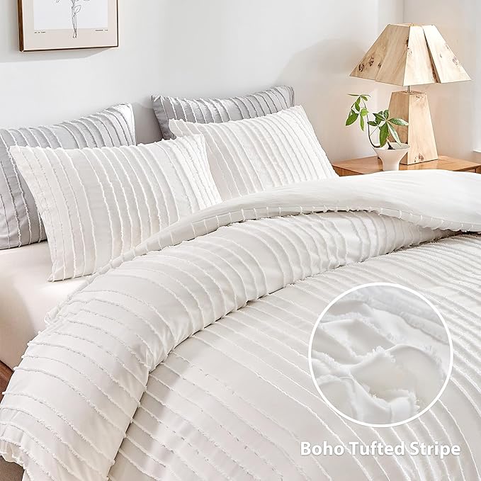 WARMDERN White Boho Duvet Cover Set, Striped Textured Tufted Bedding, Twin Size Washed Microfiber Duvet with Zipper Closure & Corner Ties