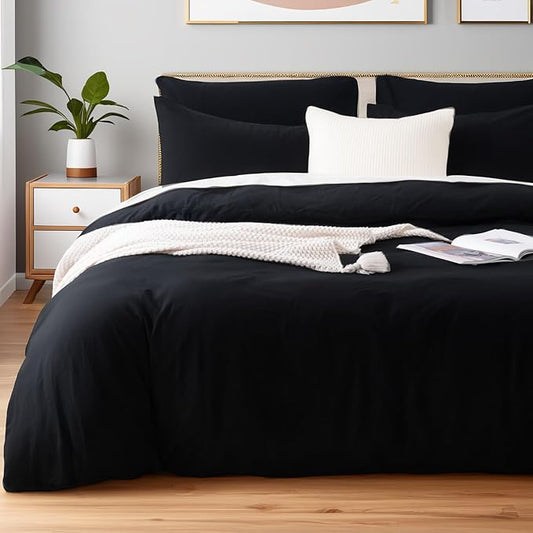 NEXHOME PRO King Duvet Cover Set – 100% Certified Organic Cotton with Washed Feel & Linen-Like Texture, Comfortable & Breathable, Home Bedding Set Black (No Comforter)