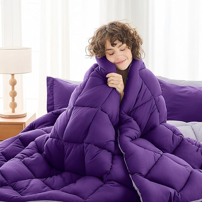 MUXHOMO 7 Pieces Full Comforter Set, Reversible Bed in a Bag Full Size, All Season Bedding Set with Comforter, Flat Sheet, Fitted Sheet, Pillowcases & Shams, Purple & Lavender