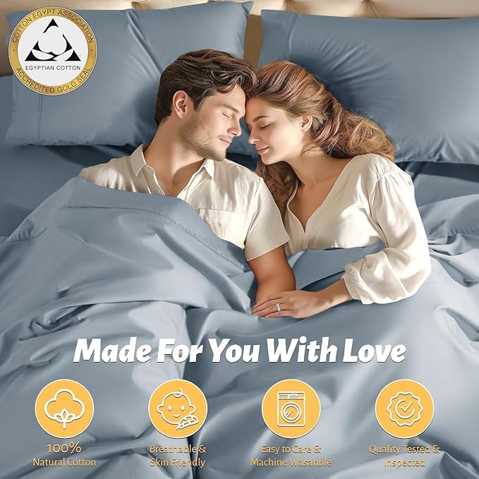 Shilucheng 100% Egyptian Cotton King Size Sheets Set - 1000 Thread Count，Luxury Cotton Bed Sheets，Breathable & Cooling Bedding and Pillow Cases, 16 Inch Deep Pocket - 4 Piece (French Blue, King)
