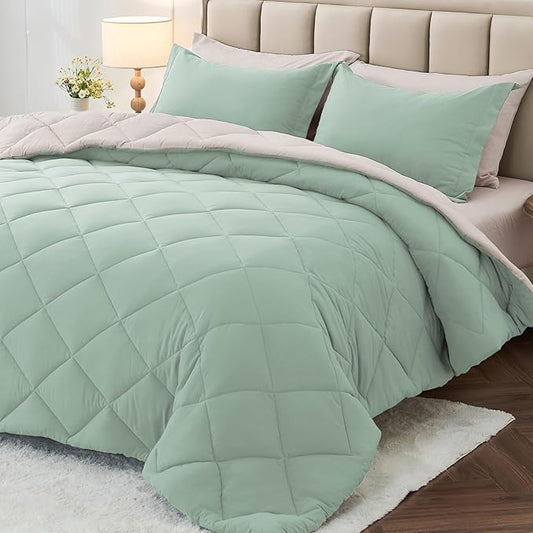 MUXHOMO 7 Pieces King Comforter Set, Reversible Bed in a Bag King Size, All Season Bedding Set with Comforter, Flat Sheet, Fitted Sheet, Pillowcases & Shams, Sage Green & Beige