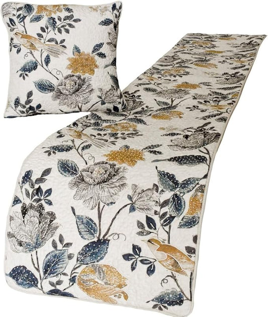 The HomeCentric King/Queen/Twin Blue & Ivory Decorative Twin 53"x18" Bed Runner Without Pillow Cover, Bird, Pearl & Quilted Bed Scarf on Linen Fabric - Vintage Birdena