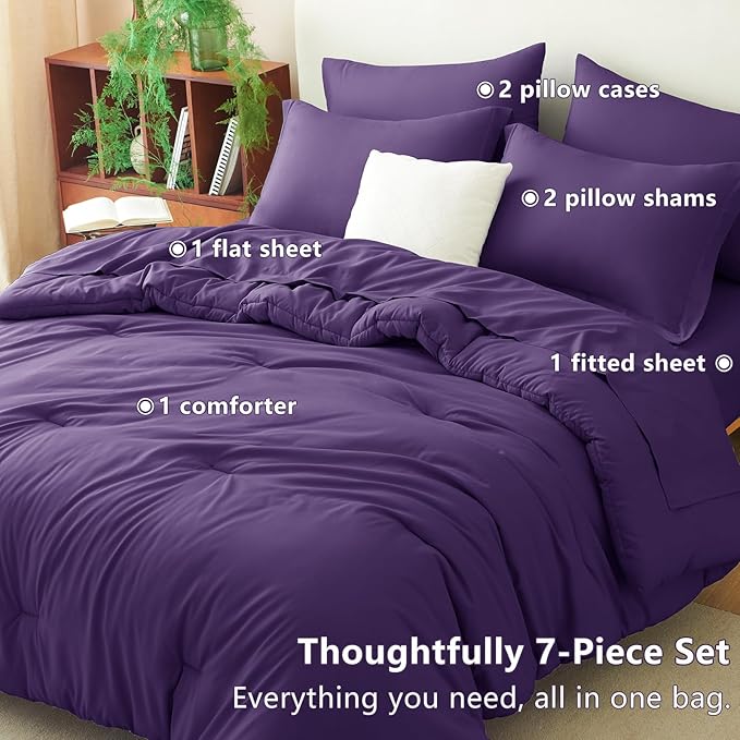 CozyLux King Size Comforter Set Purple, 7 Pieces Bed in a Bag King Comforter Set with Sheets, Soft Bedding Set with Down Alternative Comforter, Fitted Sheets, Flat Sheets, Pillow Shams and Pillowcases