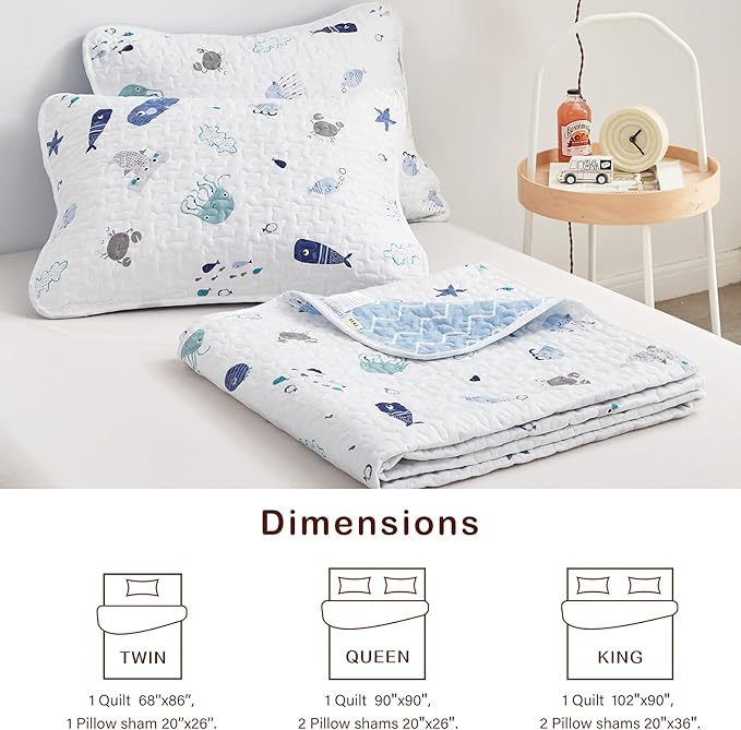 Joyreap 2-Piece Cotton Quilt Set Twin, Vibrant Ocean Theme Starfish Whale Crab Printed on White, Smooth Soft Quilt Bedspread Bed Cover for All Season, 1 Quilt and 1 Pillow Sham- 68x86 inches