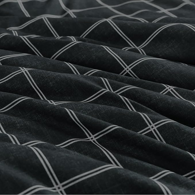 Plaid Full Comforter Set Black, Reversible Checkered Bedding Set 7 Pieces for Boys Girls Teen, Lightweight Bed in a Bag for Dorm with Sheets, Pillowcases & Shams