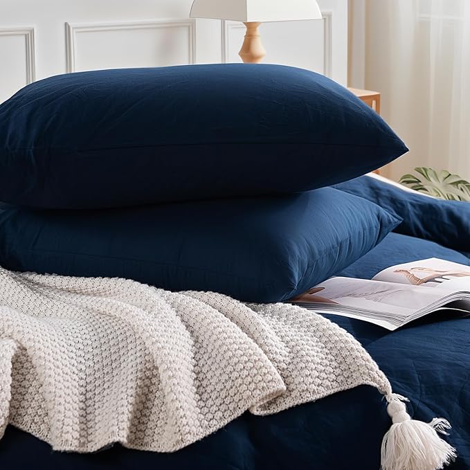 NEXHOME PRO Queen Duvet Cover Set, 100% Certified Organic Cotton with Washed Feel & Linen-Like Texture, Comfortable & Breathable, Home Bedding Set Navy (No Comforter)