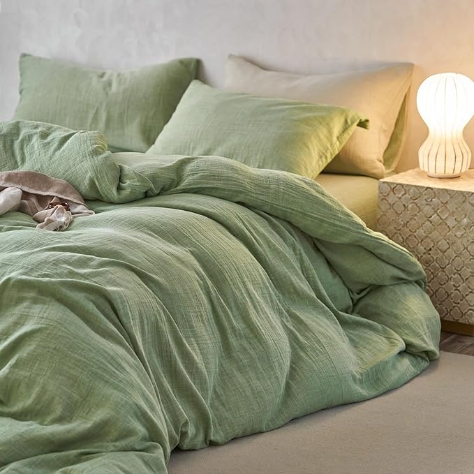 VM VOUGEMARKET Green Duvet Cover Queen Size-Ultra-Soft, Breathable & Lightweight Muslin Cotton Linen Like Gauze Textured Comforter Cover with Zipper Closure Minimalist Bedding Set- 90"x90",Mint Green