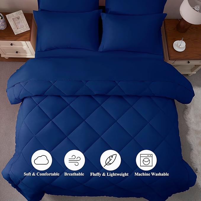 ELNIDO QUEEN® Full Size Comforter Set - 7 Pieces Navy Bed in a Bag Full, Bed Set All Seasons, Soft Bedding Sets with Dark Blue Comforter, Flat Sheet, Fitted Sheet, Pillowcases and Pillow Shams