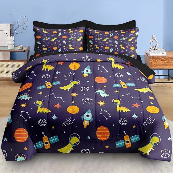 Comforter Set Queen Size, Space Astronaut Dinosaur 7 Pcs Bedding for Kids and Adults, Funny Galaxy Dino Planet Bed Sheet Sets with Fitted Sheet 2 Pillowcases & 2 Shams for Bedroom Bed Decor