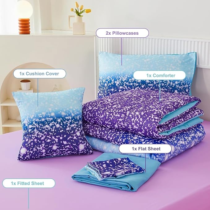 PERFEMET Queen Comforter Set with Sheets, 6 Pcs Blue Purple Girls Bedding Set, Tie Dye Rainbow Comforter for Queen Size Bed, Colorful Ombre Bedroom Decor Bed in A Bag for Teens Girls