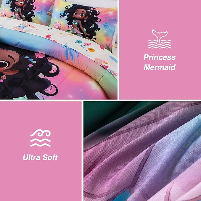A Nice Night 6pcs Comforter Set,Black Girl Princess Mermaid with Green Tail Printed,Pink Gradient Glitter Rainbow Background Kids Bedding Set,Queen