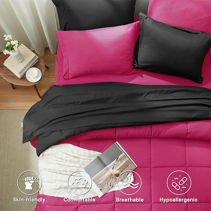 Anluoer Twin Comforter Set,Hot Pink&Black Bed in a Bag 5 Piece,Lightweight Bedding Set with Soft Down Alternative Fill,Bed Set Includes Comforter, Fitted Sheet, Flat Sheet,Pillowcase and Sham