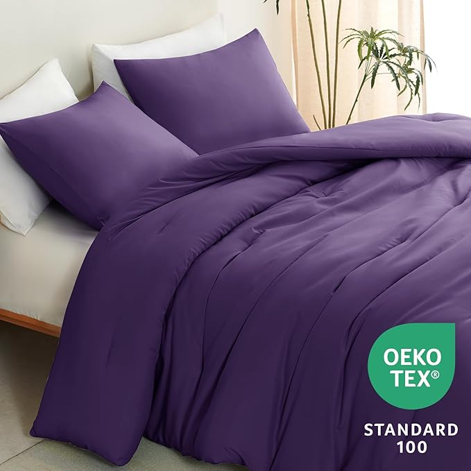 CozyLux King Size Comforter Set Purple, 3 Pieces Solid Breathable Quilted Style Bedding Sets, Luxury Fluffy Soft Bed Set with Down Alternative Comforter for All Season (1 Comforter & 2 Pillowcases)