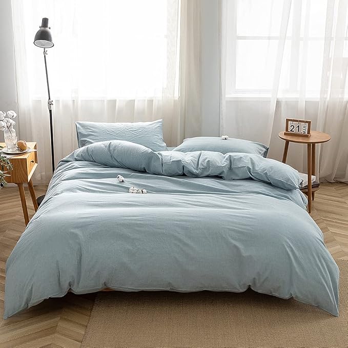 FACE TWO FACE Bedding Duvet Cover Set 3 Pieces 100% Washed Cotton Duvet Cover Linen Like Textured Breathable Durable Soft Comfy (King, Light Blue)