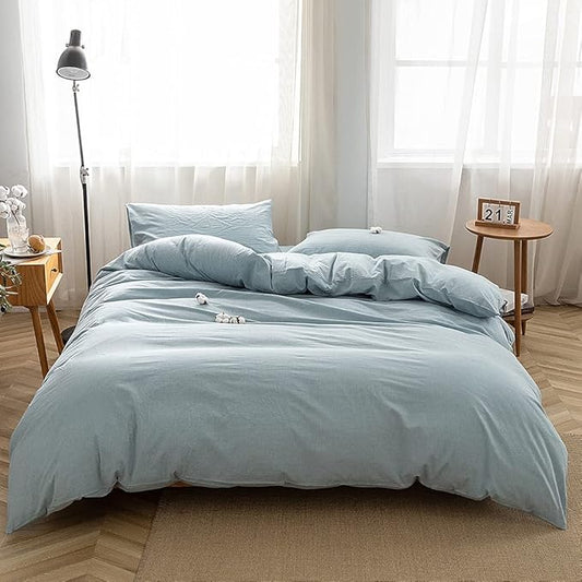 FACE TWO FACE Bedding Duvet Cover Set 3 Pieces 100% Washed Cotton Duvet Cover Linen Like Textured Breathable Durable Soft Comfy (King, Light Blue)